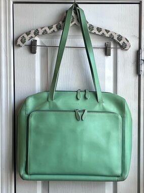 LODIS Audrey Zip Top Leather Laptop Tote Organizational Pockets Mint Green